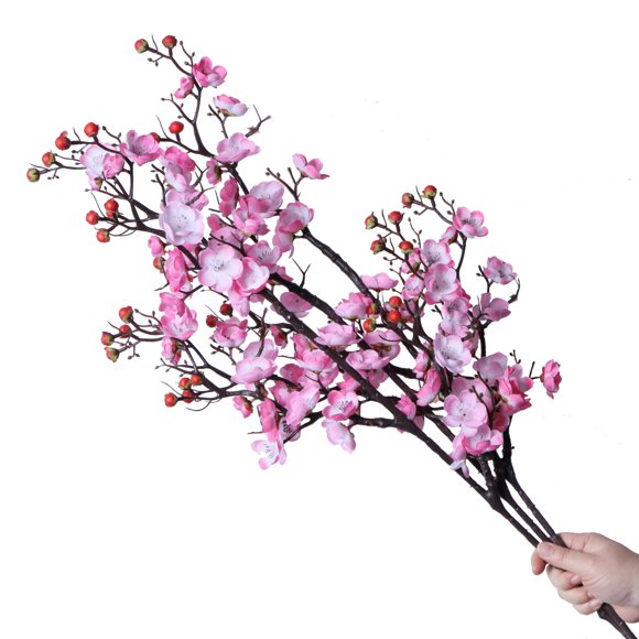 cn-Knight 3pcs Artificial Cherry Blossom Branches,37 Inch Long Stem Silk Plum Blossom with Buds,Realistic Japanese Apricot for Home Décor Centerpiece Wedding Bouquet,Pink