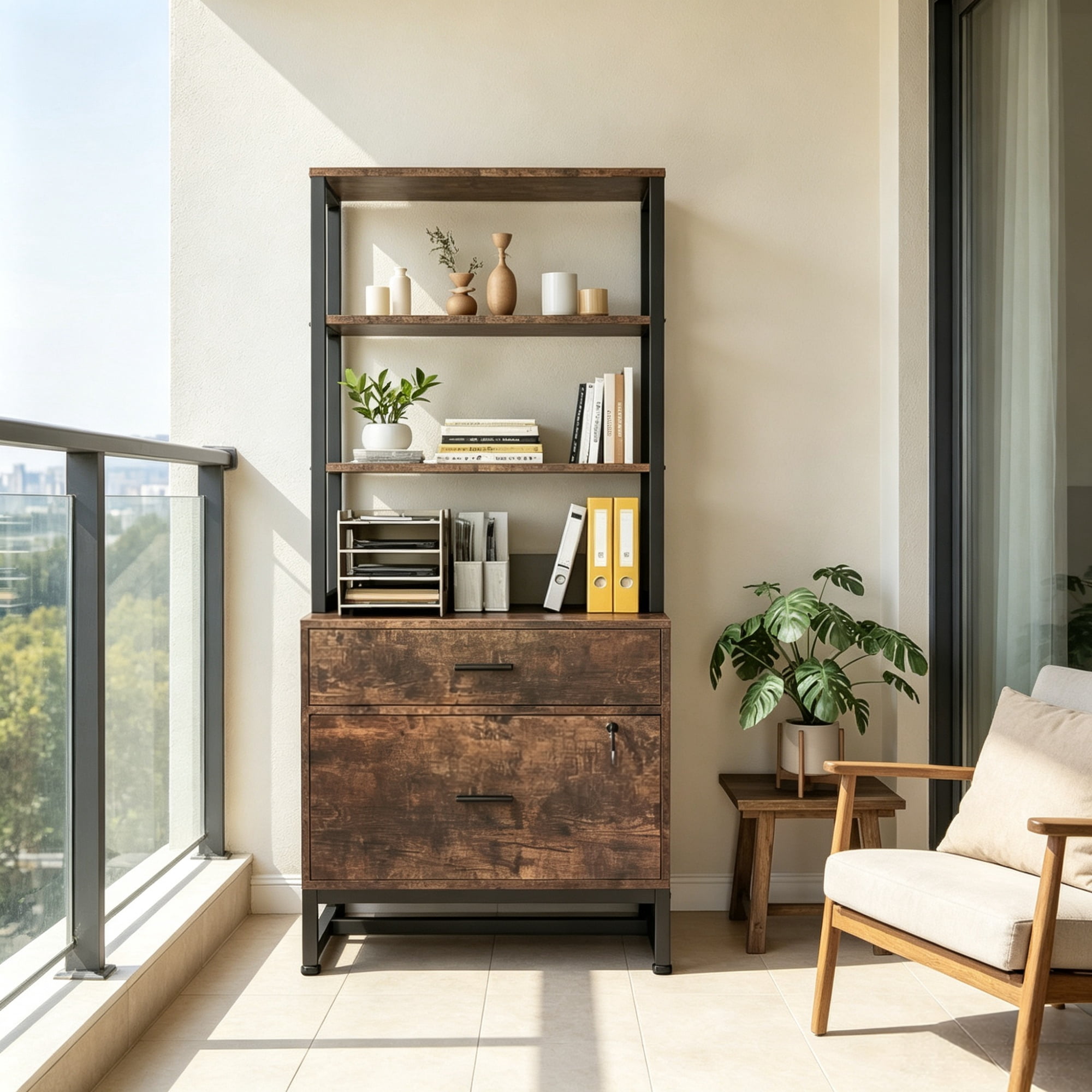 Astoutdoor 2-Drawer File Cabinet, Vertical Filing Cabinet with Lock and Bookshelf for Home Office, Steel, 38.39 in
