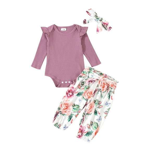 LNMQLPDBS Newborn Baby Girl Clothes Ribbed Long Sleeve Ruffle Romper   Floral Pants with Bowknot   Bow Headband Set Infant Girl Outfits Baby Shower Gifts Toddler Girl Sets for Outdoor