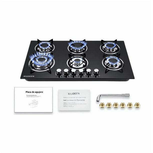 Parrilla De Gas Empotrables Estufas 6 Quemadores Cristal Templado Color Negro Gas Lp