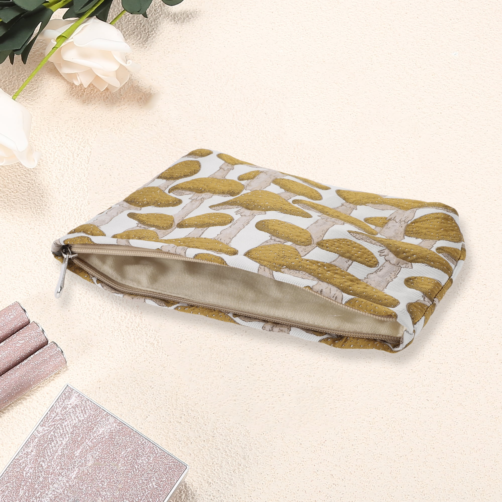Unique Bargains 1Pc Women Jacquard Mushroom Storage Makeup Bag for Toiletry Yellow-Large