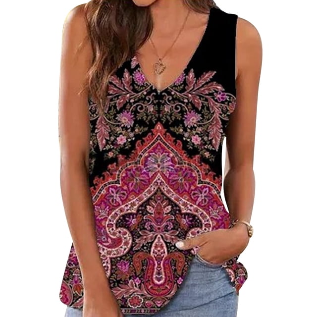 Qarigey Camiseta sin mangas con cuello en V sin mangas con estampado bohemio para mujer Prendas para la parte del cuerpo Púrpura L Qarigey AP002039-09