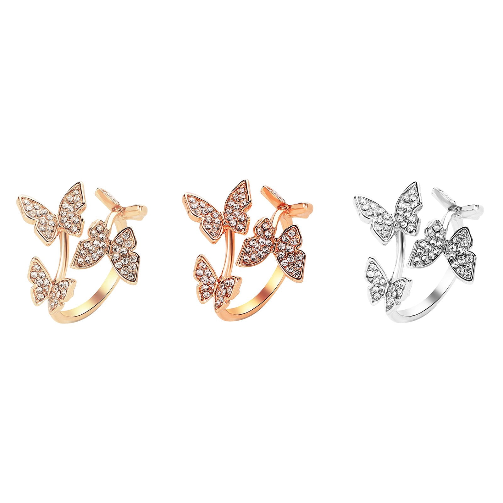 YERTTER Dainty Iced Out Butterfly Ring - Open Adjustable Rhinestone Ring For Women, Silver