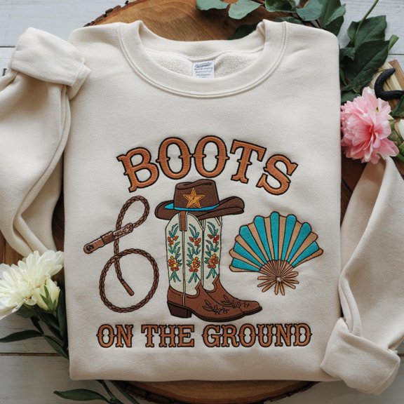 Embroidered Cowgirl Boots Sweatshirt: Western Style Cotton-Blend