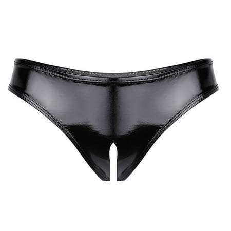 Aiihoo Women Shiny Metallic Panty Briefs Thong No Crotch Booty Shorts Underwear Black L