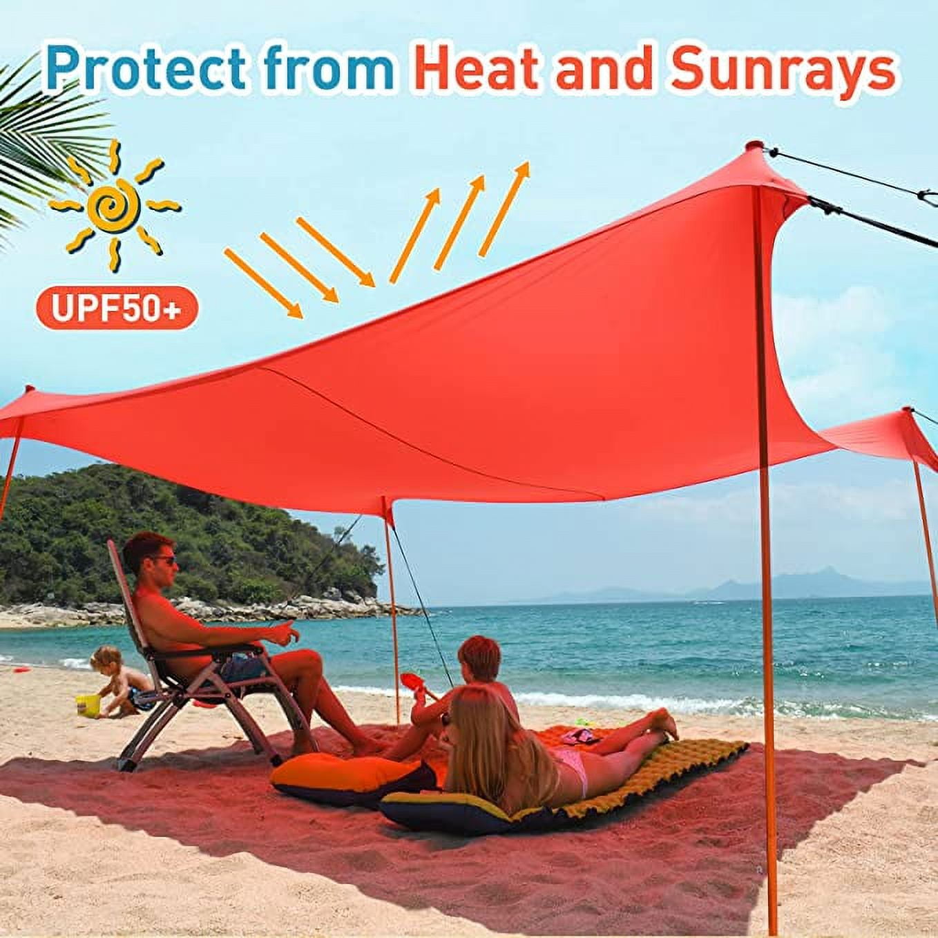 6-8 People Beach Tent, Portable Beach Canopy Sun Shelter UPF50+ for Beach,  Camping Trips, Fishing, Backyard or Picnics (10×10 FT with 2 Poles) 