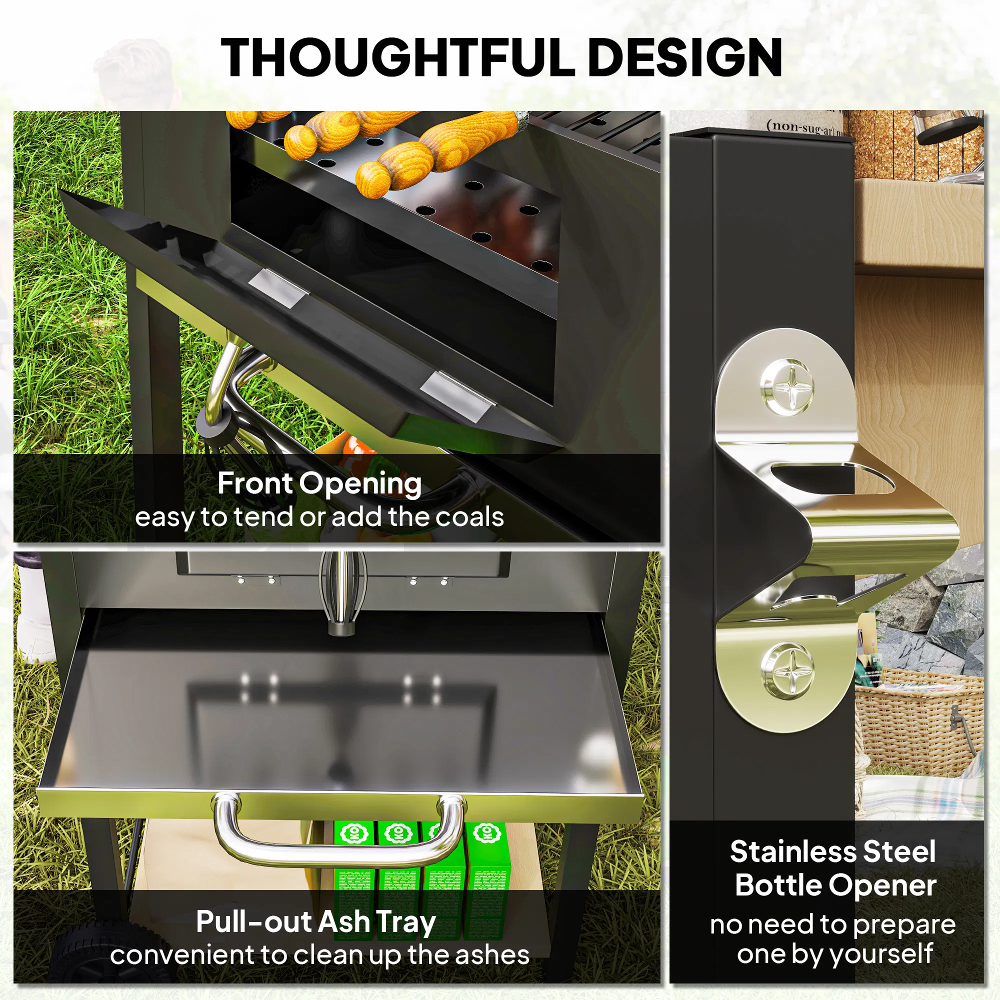 Charcoal BBQ Grill 245 Sq.In. Cooking Area, Outdoor Barbecue Grill with Adjustable Charcoal Pan, 3 Shelves, Thermometer & Wheels, Black for Patio Backyard Picnic
