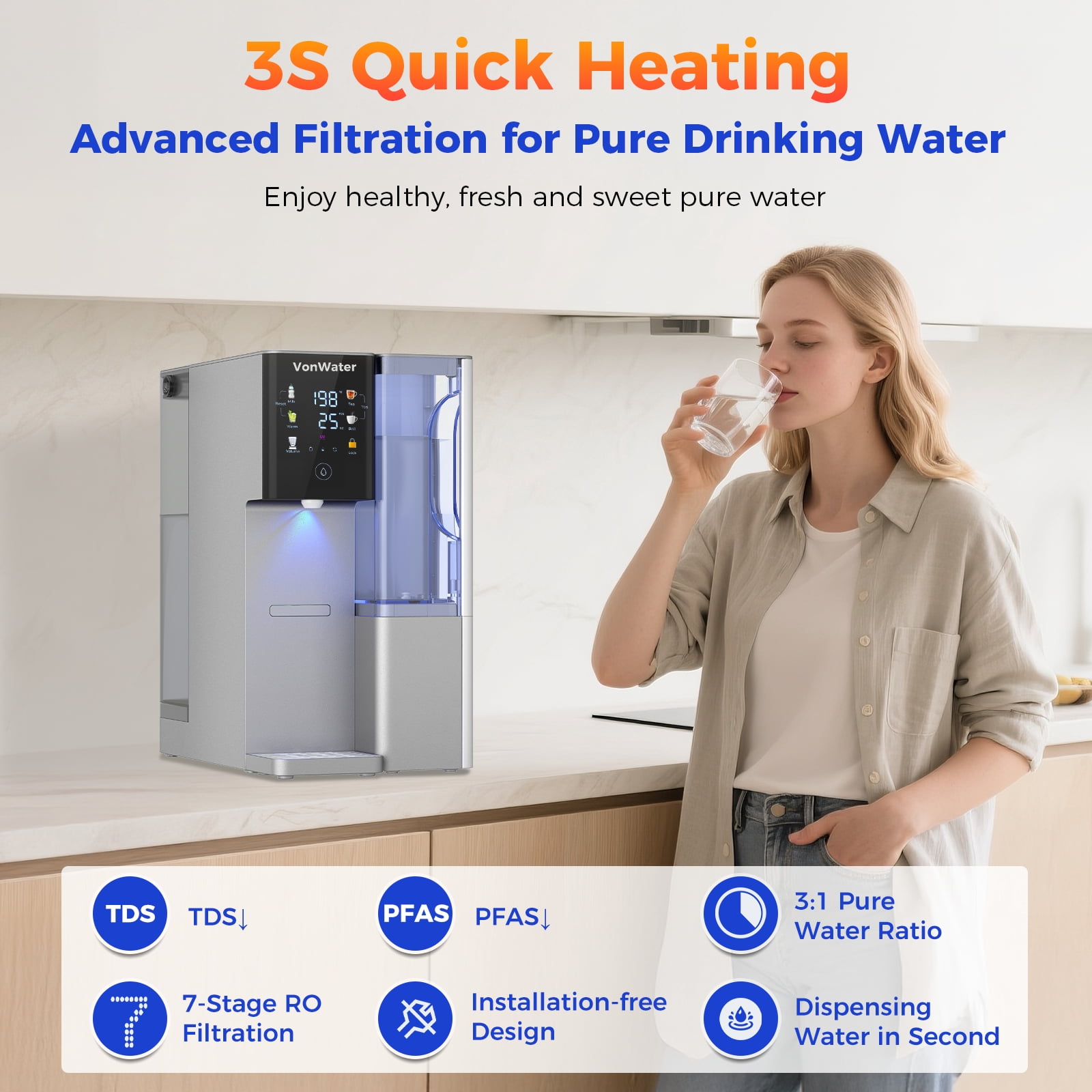 VonWater CT910GH Reverse Osmosis Water Filter Countertop, 3S Instant Hot RO Water Filtration System, 7-Stage Water Purifier Removable Pitcher, NSF/ANSI 372, Reduce TDS PFAS, No Installation