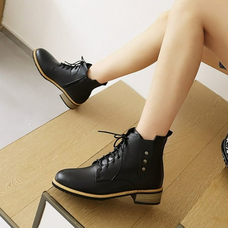 

symoid Womens Booties and Ankle Boots- Decorative Buckle Side Zipper Strap Round Head Low Heel Boots Black 42