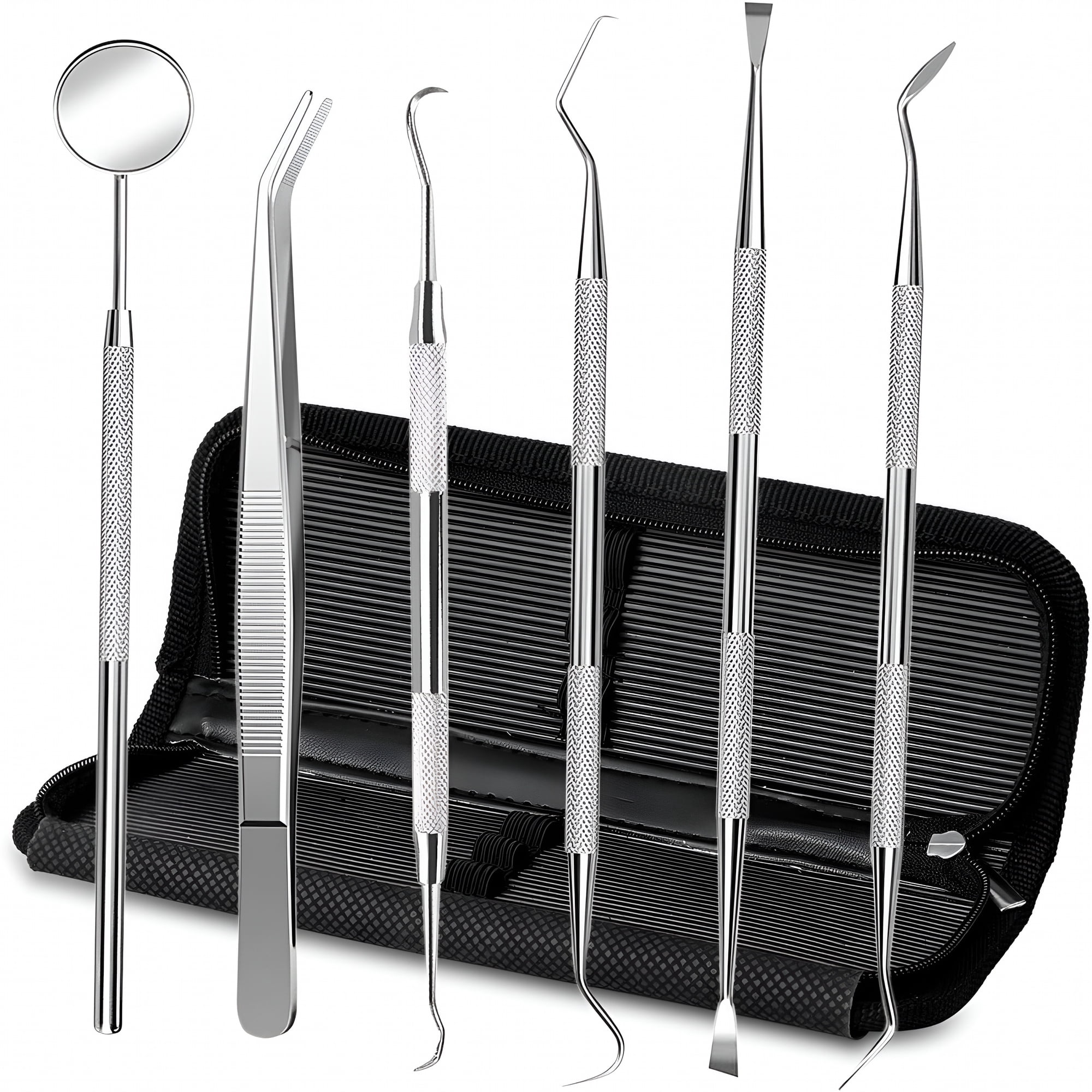 EXLEAF 6 Pack Dental Hygiene Tool Set - Stainless Steel Dental Pick, Tweezers, Tooth Scraper, Plaque and Tartar Remover with Ergonomic Handle for Personal Oral Care and Pet Dental Cleaning