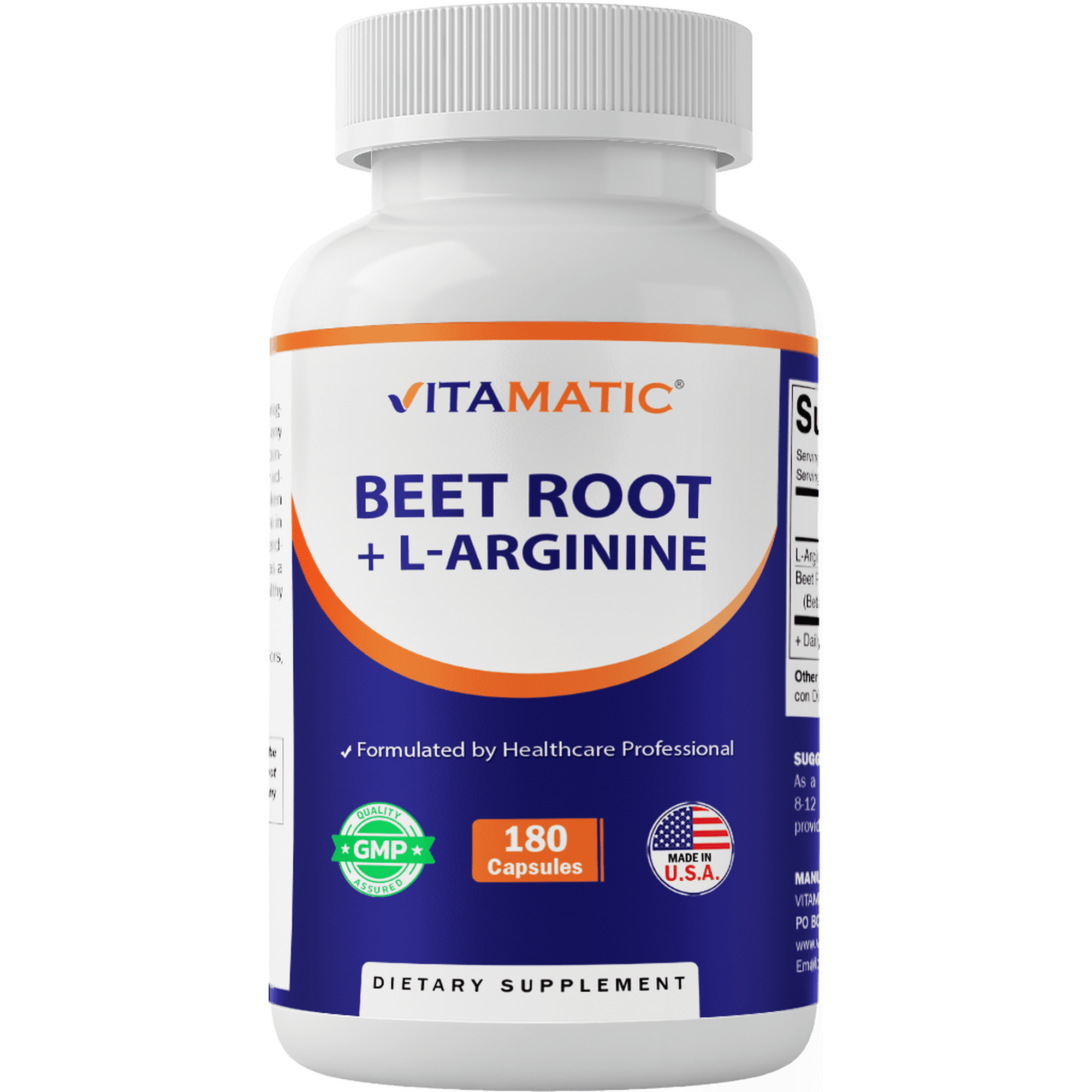 Vitamatic Beet Root + L-Arginine Capsules – 1000 mg L-Arginine HCl & 250 mg Beet Root Extract – Nitric Oxide Support, Heart & Circulation Health – 180 Veg Capsules – Non-GMO, Made in USA