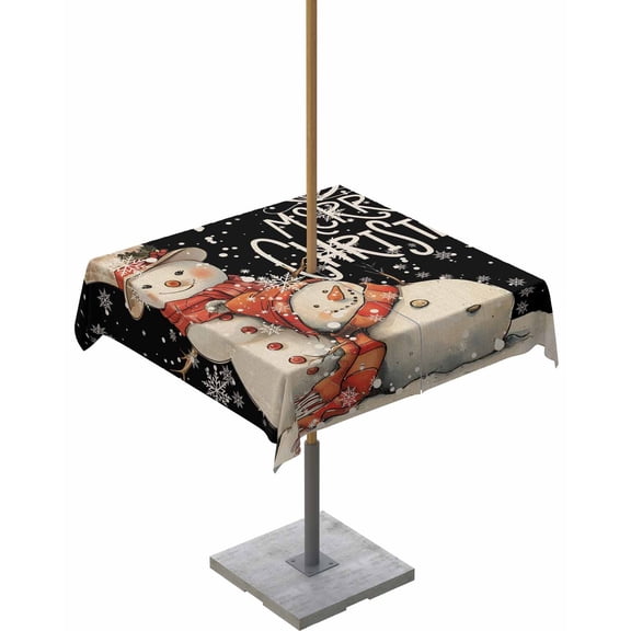 Fsddascl Black Christmas Snowman Outdoor Tablecloth - 54x54 Inch Square Dining Table Cover, Vintage Xmas Snowflake Waterproof Outdoor Table Cloth with Umbrella Hole & Zipper for Picnic/Patio/Party