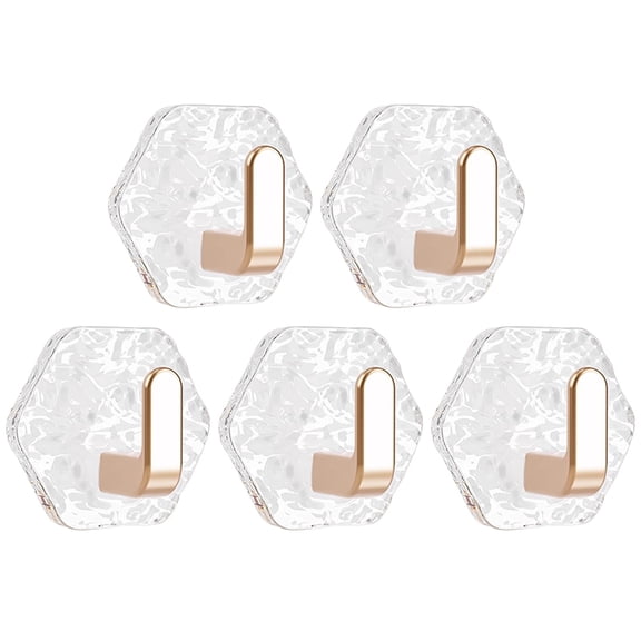 5 Pcs Water Ripple Adhesive Hooks, 2.52X2.58" Hexagonal Crystal Decorative Hooks, No Drill Utility Hangers, Self‑Sticky Wall Hooks, Wall Mount Hooks, Waterproof Hanging Holders, for Bathroom Kitchen
