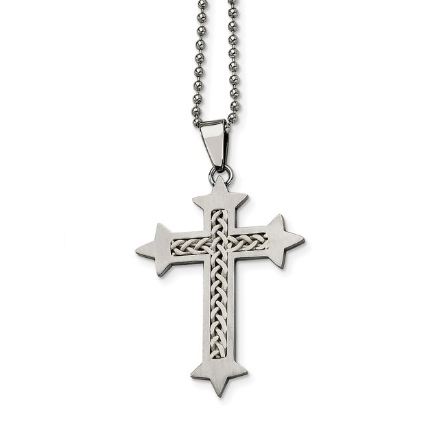 Stainless Steel Silver Inlay Cross Pendant Necklace 24in