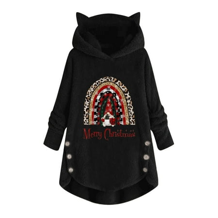 

Lastesso Women Pajama Christmas Hoodie Cute Christmas Printing Pullover Cat Ears Long Sleeve Shirt Winter Trendy Clothes Loose Fit