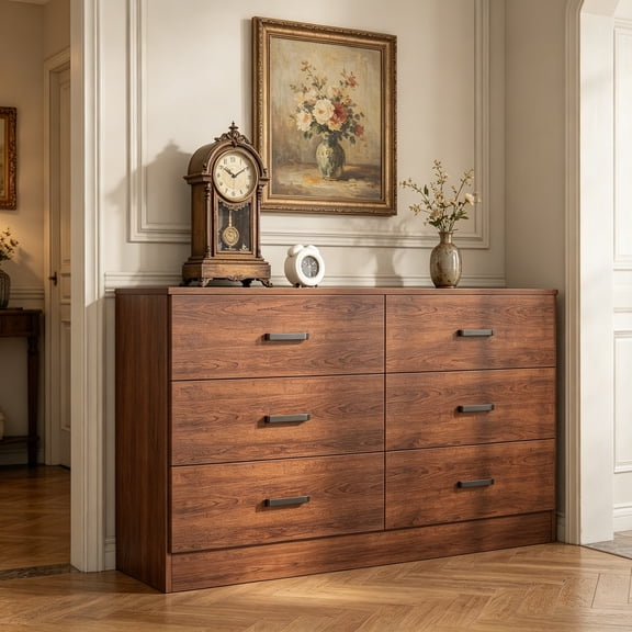 Wood Dresser for Bedroom, 6-Drawer Double Dresser, Mid Century Modern Chest of Drawers with Deep Drawers, Large Storage Organizer for Living Room Closet