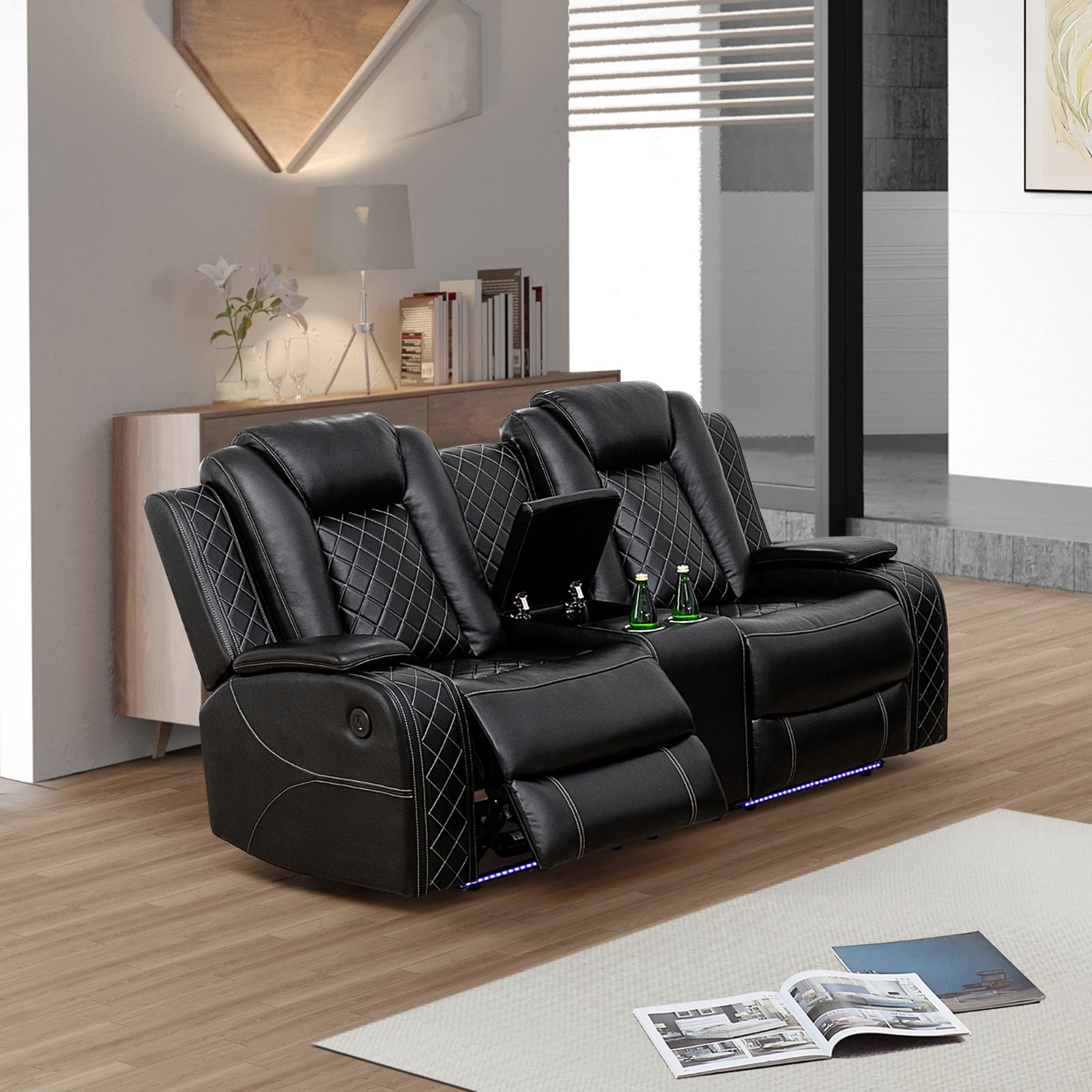 FUOROLA Faux Leather Indoor 3-Piece and Upholstered Recliners with 3 Seat Sofa Loveseat and Chair, Black