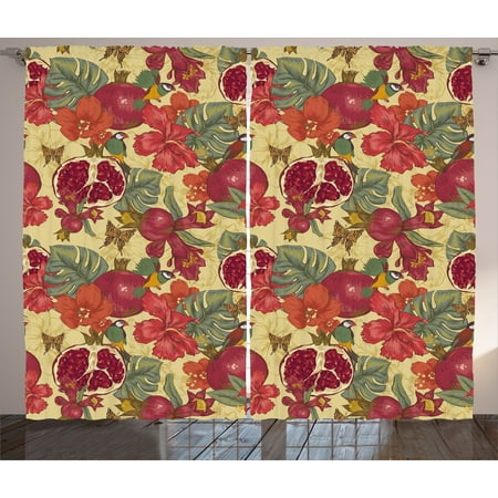- Red Curtains 2 Panels Set, Natural Tropical and Exotic Birds Butterflies Flowers and Pomegranate Illustration, Window Drapes for Living Room Bedroom, 108W X 63L Inches, Red and Beige, by Ambesonne