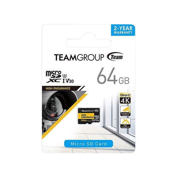 Team 64GB High Endurance microSDXC UHS-I U3, V30 Memory Card with Adapter, designed for monitoring, Speed Up to 100MB/s (THUSDX64GIV3002)