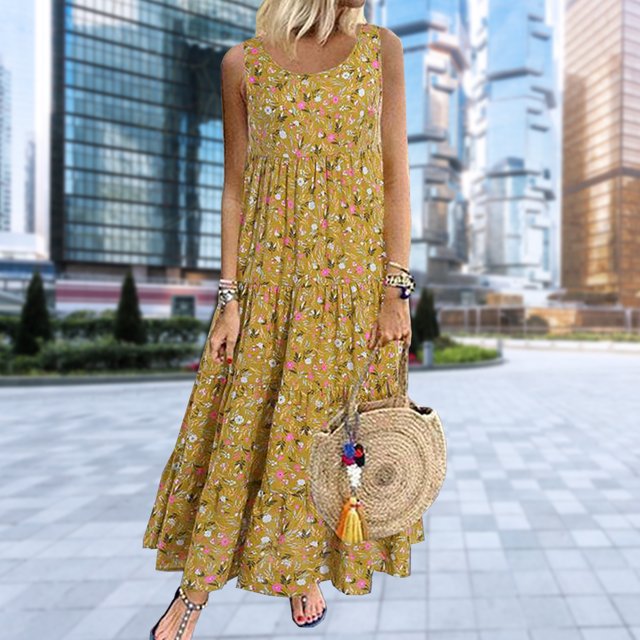 Vestido Sin Mangas Vestidos de playa de verano Vestidos sueltos con estampado floral de moda para el trabajo (Amarillo XXXL) Cgtredaw para Mujer Amarillo T L