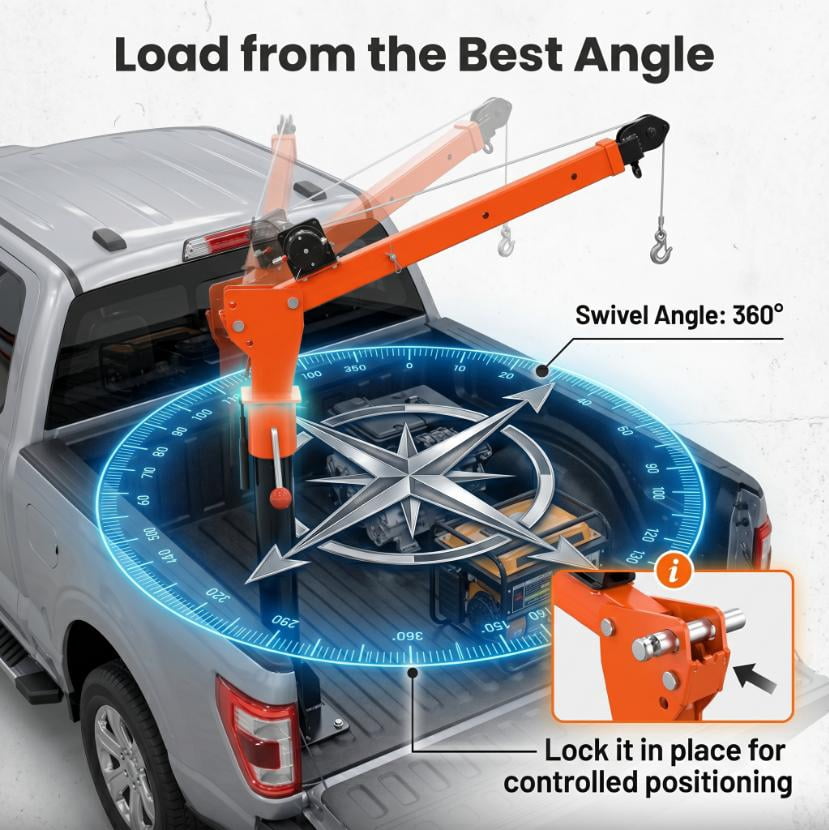 Muweixin 2000LBS 12V Pickup Truck Crane, 1100LBS Capacity 360° Rotatable with Electric Winch, Extendable Boom for Engine, ATV, Boat Lifting