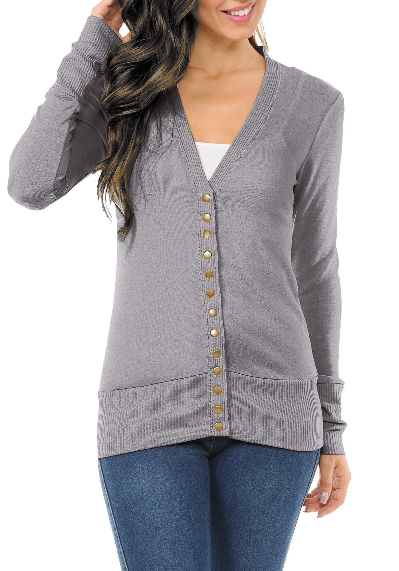 ClothingAve. Women's Long Sleeve Snap Button Sweater Cardigan w/ Ribbed ...