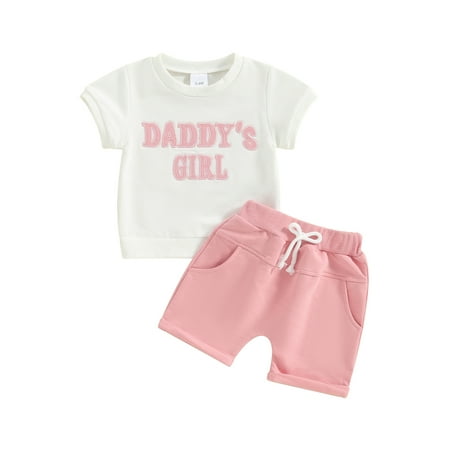

BABAMOON Infant Toddler Baby Girls Summer Clothes Short Sleeve Letter Embroidery Tops Solid Color Shorts Sets