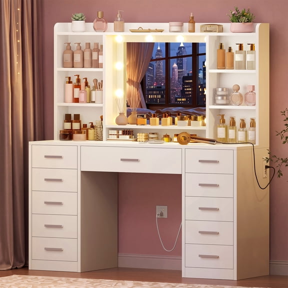 Makeup Vanity Set with Mirror, Vanity Desk with 11 Drawers and Charging Station, Vanity Desk for Girls, for Bedroom, White