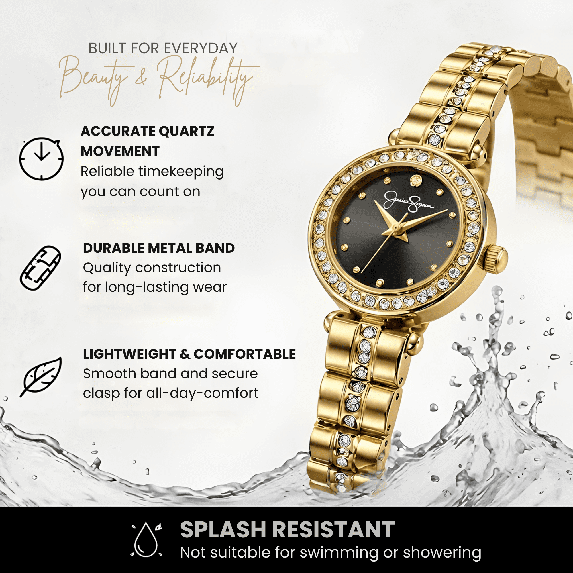 Jessica Simpson Women's Metal Band Watch, Round Crystal Dial, Classic Quartz Movement, Elegant Dress Watch for Women