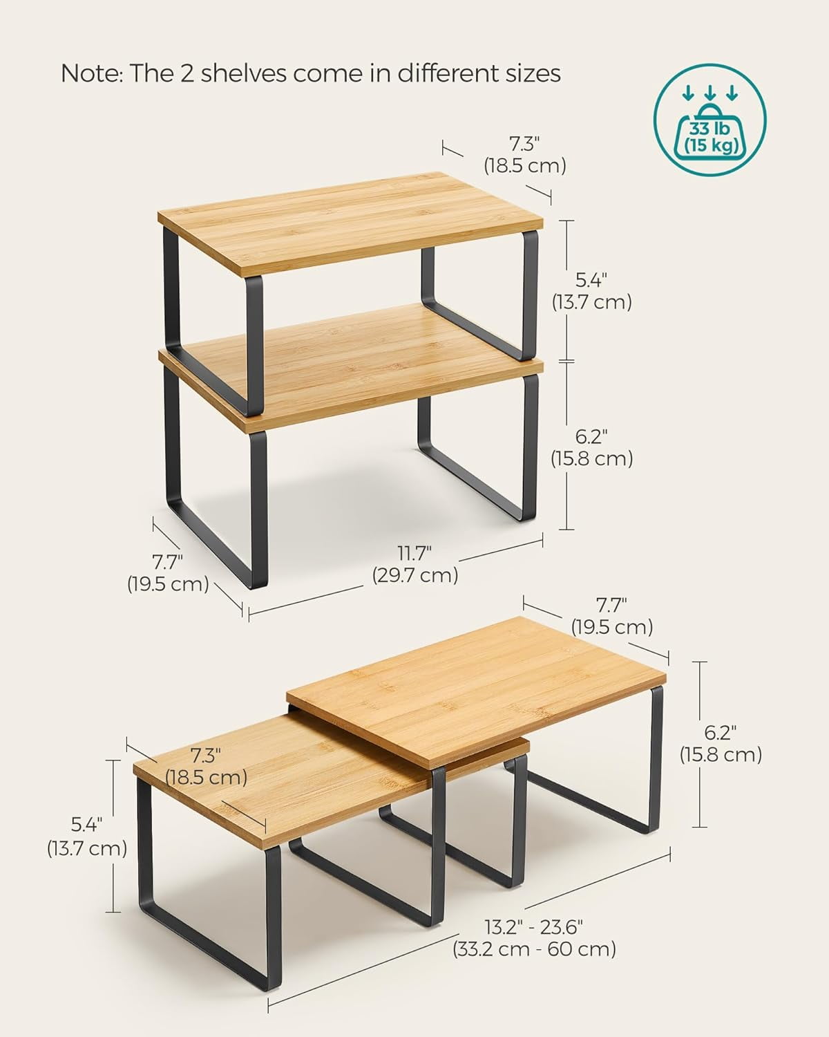 Cabinet Shelf Organizer, Extendable Countertop Shelves Set of 2, Kitchen Spice Racks, Stackable, Storage Racks for Cupboard, Sink, Pantry, Bathroom, Natural, Metal