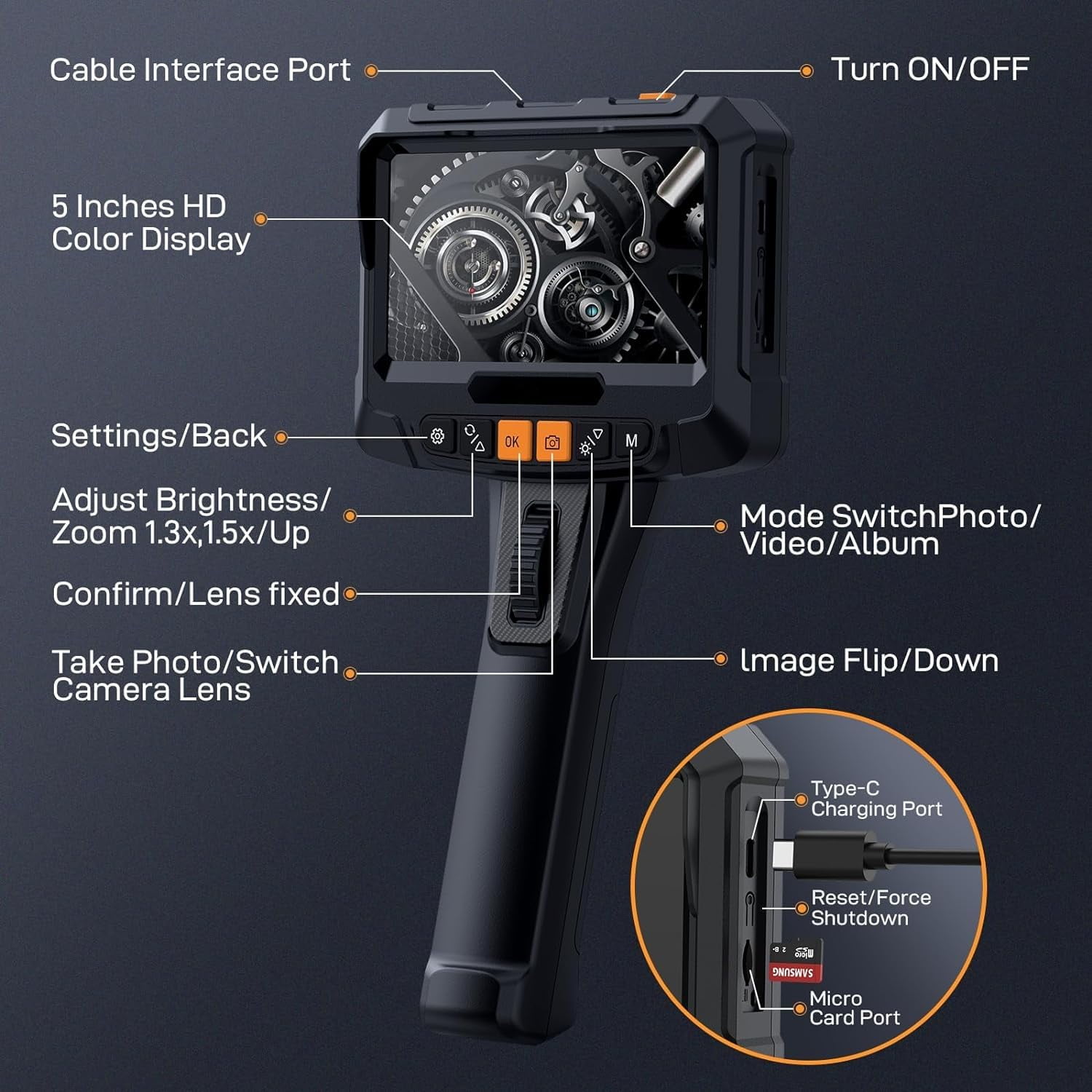 Yesurprise Single Lens Industrial Endoscope Camera 1080P HD Turnable Lens 8.5mm Wall Tube IP67 Waterproof LED Light 5"IPS Screen 6.6 ft Flexible Swan Neck 32GB Card Serpentine Camera