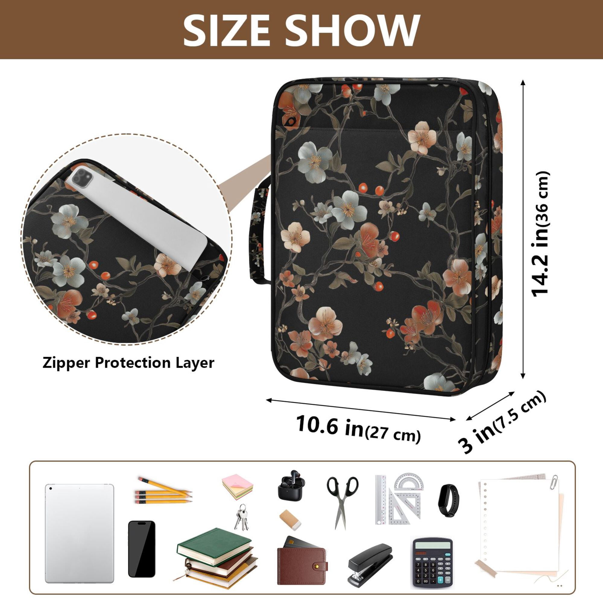 FORMRS Accordion File Folder A4 Size 7-Pocket Expanding Document Organizer Bag with 3 Ring Binder, Black Flowers