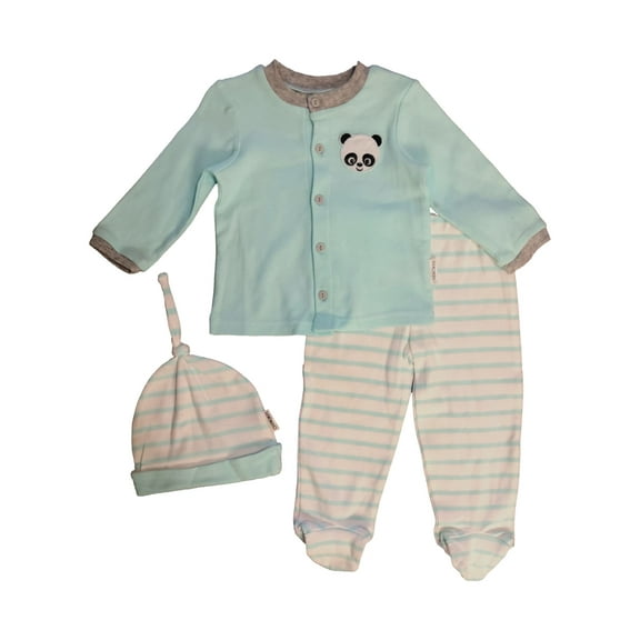 Infant Baby Boys 3 Piece Blue Button Up Panda Shirt Footed Pants and Hat Set 9m