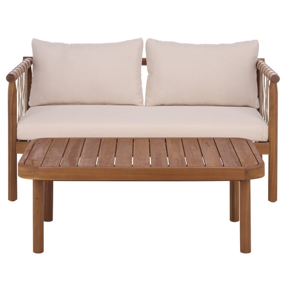 Safavieh Sabrina Modern Wood 2-Piece Outdoor Chat Set, Teak Brown/Cream