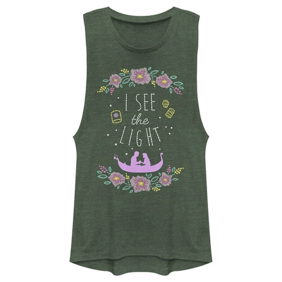 Junior's Tangled Rapunzel and Flynn I see the Light Festival Muscle Graphic Tee Pine Green Heather Large
