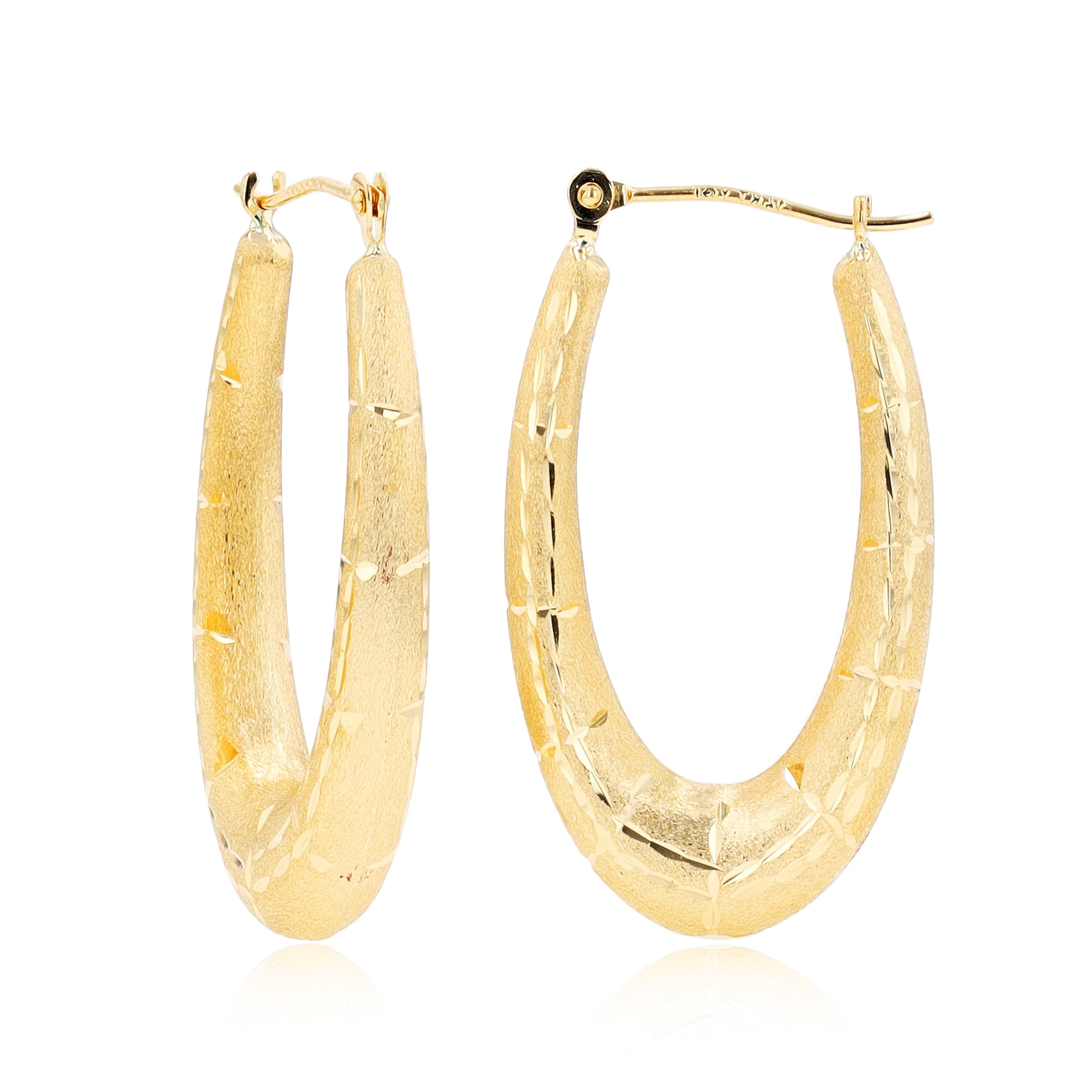 Solid 14K Yellow Gold Diamond Cut Two Tone Hoop Earrings