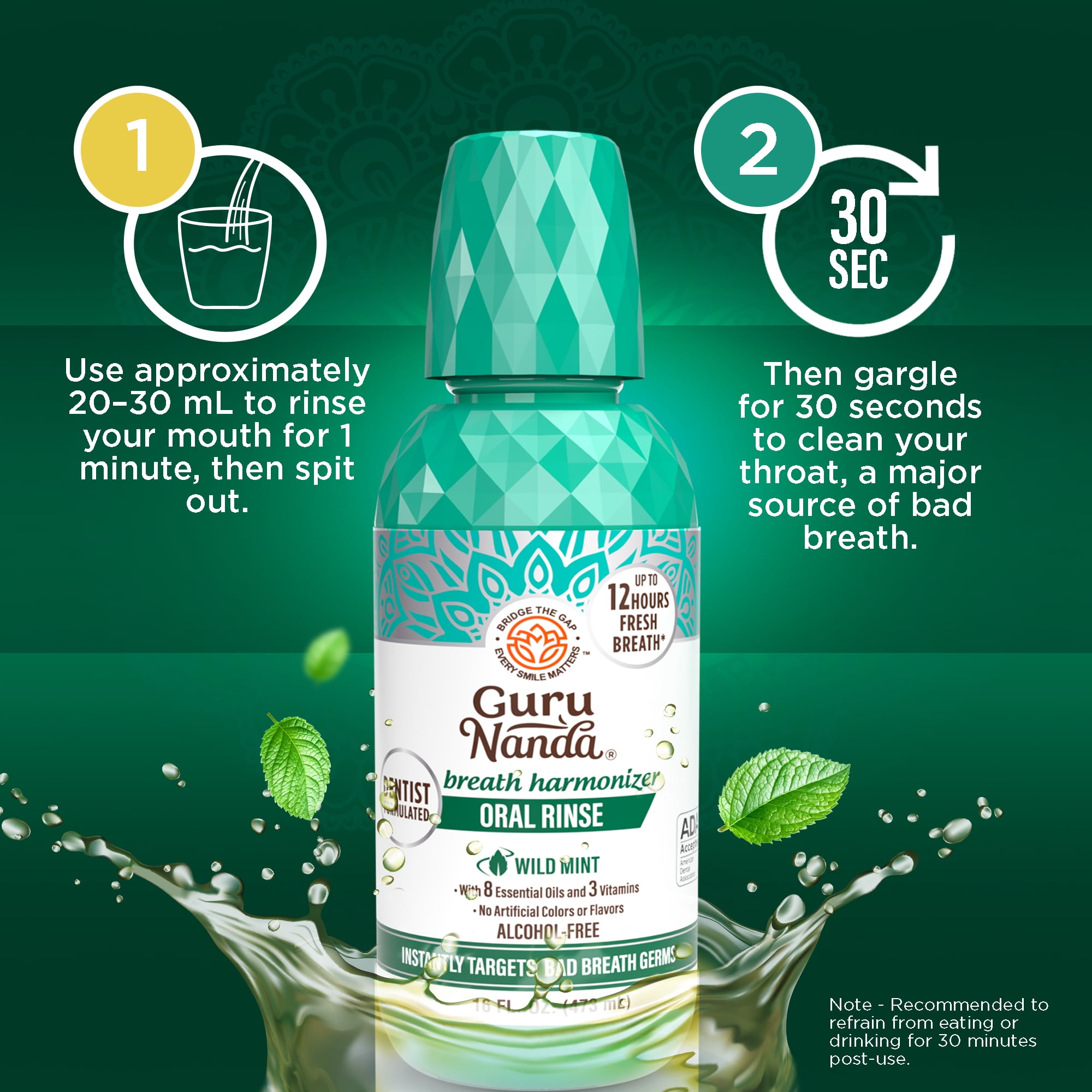 GuruNanda Fresh Breath Oral Rinse - Alcohol Free Mouthwash - 16 fl oz