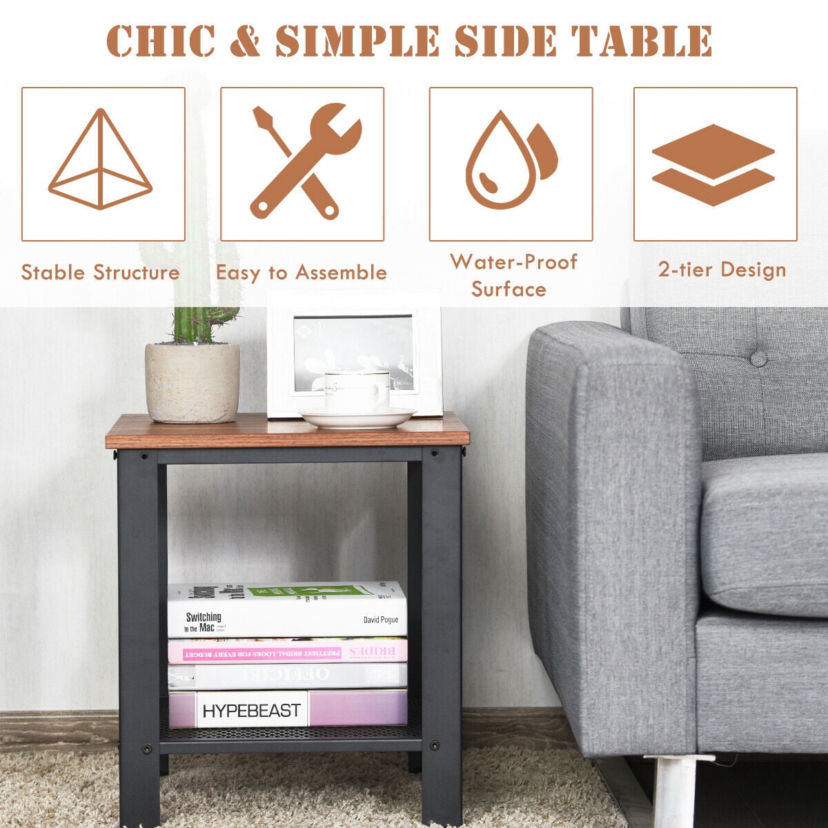 Gymax End Table with Storage Shelf, Black/Brown
