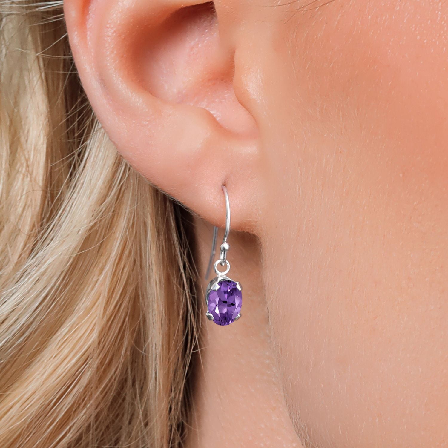 Gem Stone King 1.50 Cttw Purple Amethyst French Wire Dangle Hook Earrings for Women | 925 Sterling Silver | Gemstone February Birthstone | Oval 7X5MM