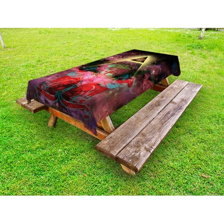 Red Plum Linen Astronomy Outdoor Tablecloth, Sacred Ancient Egyptian Pyramids with Occult Sacred Eye and Bastet Artwork, Decorative Washable Fabric Picnic Tablecloth, 58 X 104 Inches, Plum and Red, by Ambesonne ()