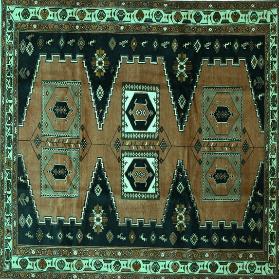 Ahgly Company Machine Washable Indoor Square Persian Turquoise Blue Traditional Area Rugs, 5' Square