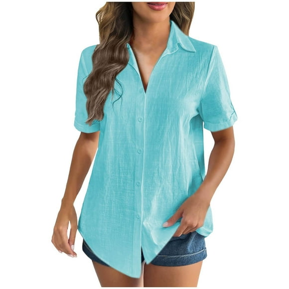 Women's Solid Color Short Sleeve Cotton Linen Cardigan Collar Shirt Casual Summer Blouse Comfortable Loose Fit Women Clothing