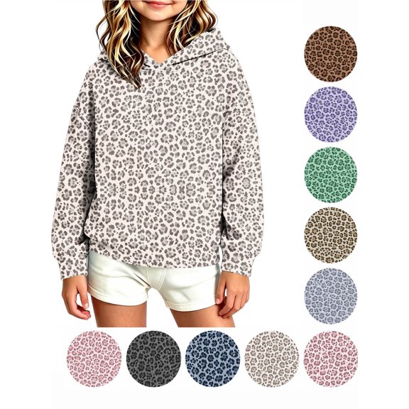 Hzzrkos Girls Casual Loose Leopard Print Hooded Long Sleeve Kangaroo Pocket Pullover Sweatshirt Fashion Hoodie Top Cozy Everyday Outdoor Sweatshirt Outerwear Gray