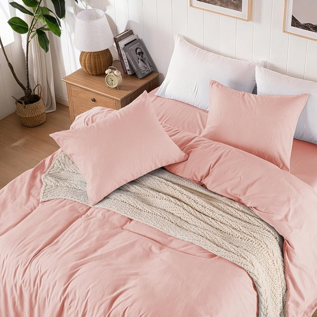 Pink Duvet Cover Twin Size, 2 Pieces Pre-Washed Cotton-Like Durable Bedding Set with Button Closure, Includes 1 Duvet Cover 68x90 inches & 1 Pillow Cases, Comforter Not Included
