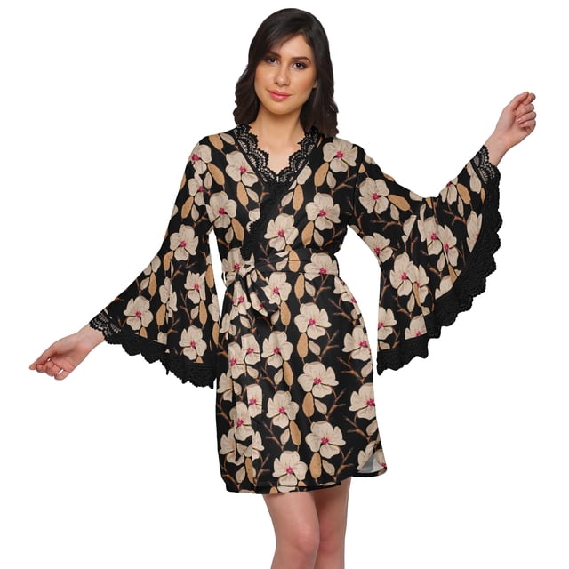Moomaya Robe Courte Imprimée pour Mariée en Préparation, Manches Évasées, Peignoir, Portefeuille pour Femmes