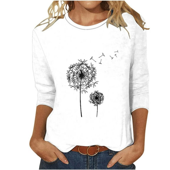 Jewelreauty 3/4 Sleeve Tunic Tops for Women Cute Floral Print Crewneck Basic Tees Casual Loose Summer Clothes (S, White)