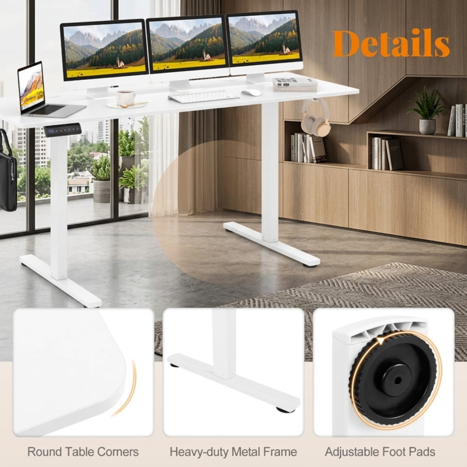 Furnibear Electric Standing Desk with 3 Memory Heights Adjustable Height Sit Stand Home Office Desk with Hooks and Cable Holes, White