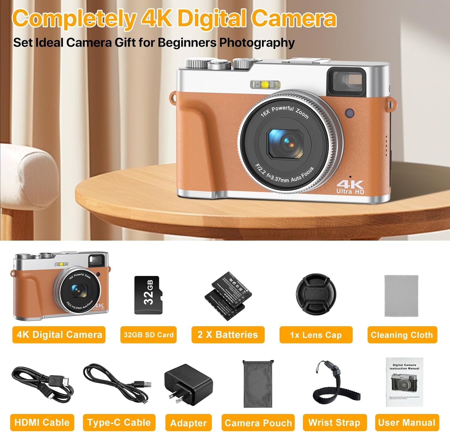 4K Vlogging Camera with Flash Viewfinder & Dial-48MP Digital Video Camera for YouTube with 32GB Card 16X Autofocus Anti-Shake Cameras for Photography (2 Batteries)