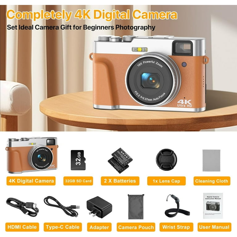 Digital Camera, FHD 4K Autofocus Vlogging Camera 48MP 16X Digital Zoom  Digital Camera with 32GB Memory Card  Portable Compact Small Camera  for