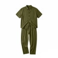 thumbnail image 4 of LEKWK Men Linen Sets Outfits 2 Piece Button Down Short Sleeve Collared Tops and Drawstring Wide Leg Pants Loose Fit Solid Summer Beach Vacation Resort Wear, 4 of 5